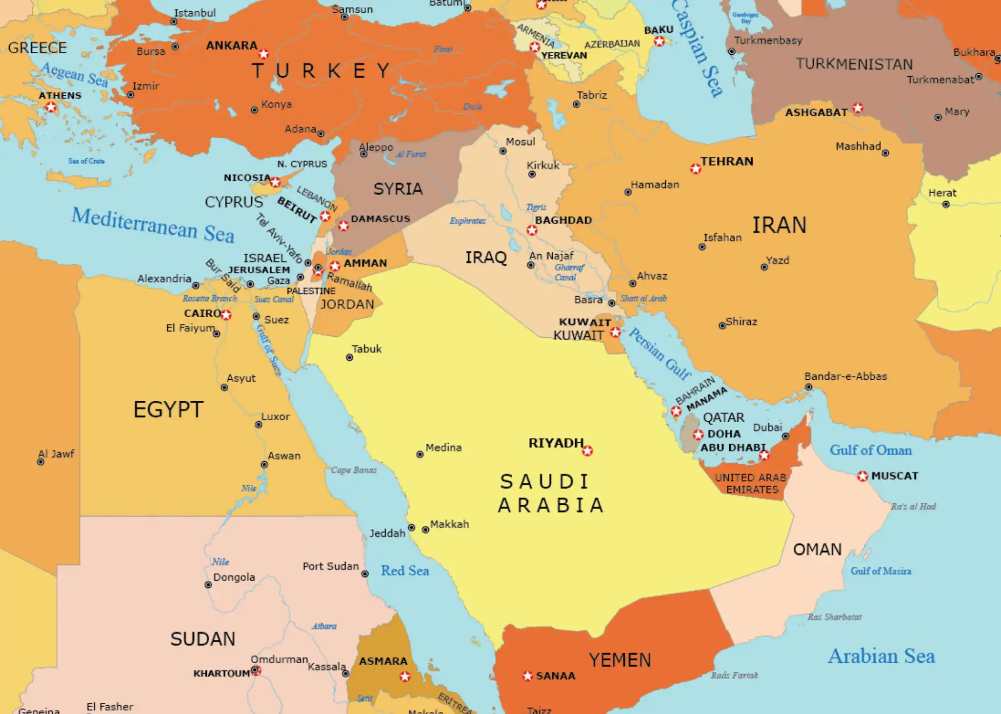 Middle East map detailed export region